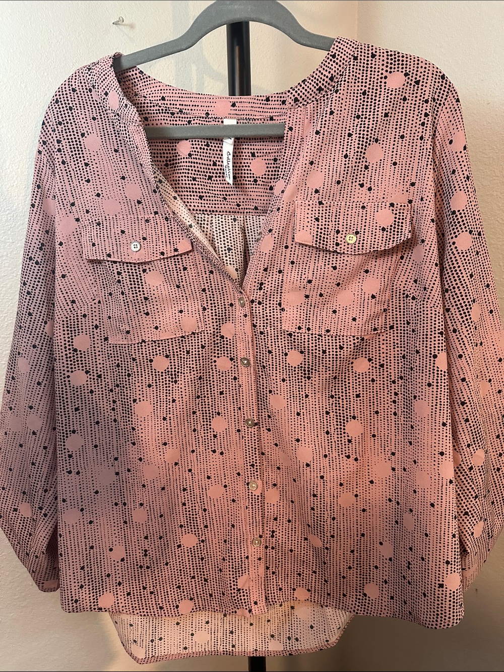 NY Collection Pink and Black Polka Dot Button-Front Shirt